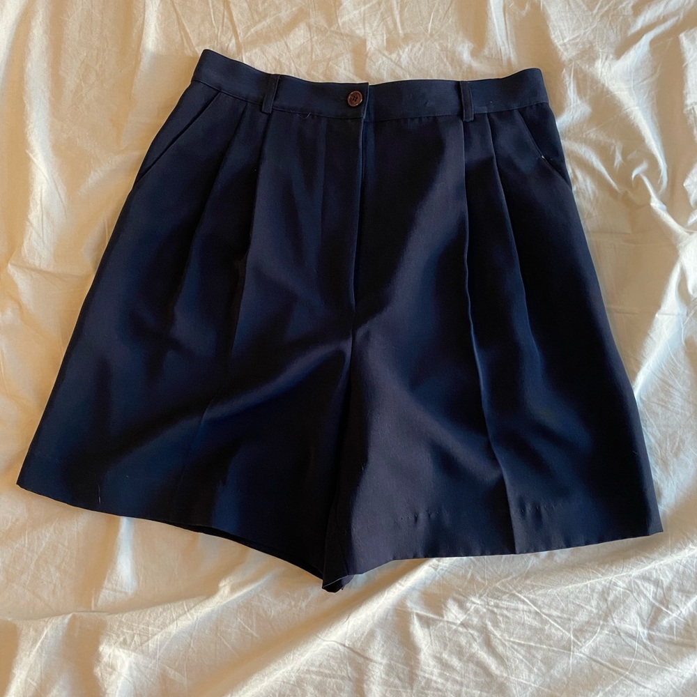 High Waist Navy Pleated Shorts